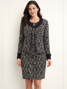 Joseph Ribkoff Black and Beige Floral Jacquard Dress Set